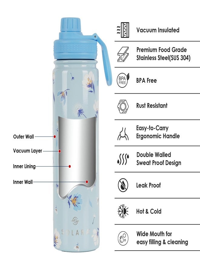 SOLARA Insulated Water Bottle 650ml, Hot Water Bottle, Thermosteel Water Bottles for Travel, Home, Office, School, Gym, Adults, Water Bottle Hot and Cold, Sipper Bottle, Blue Blossoms - Image 2